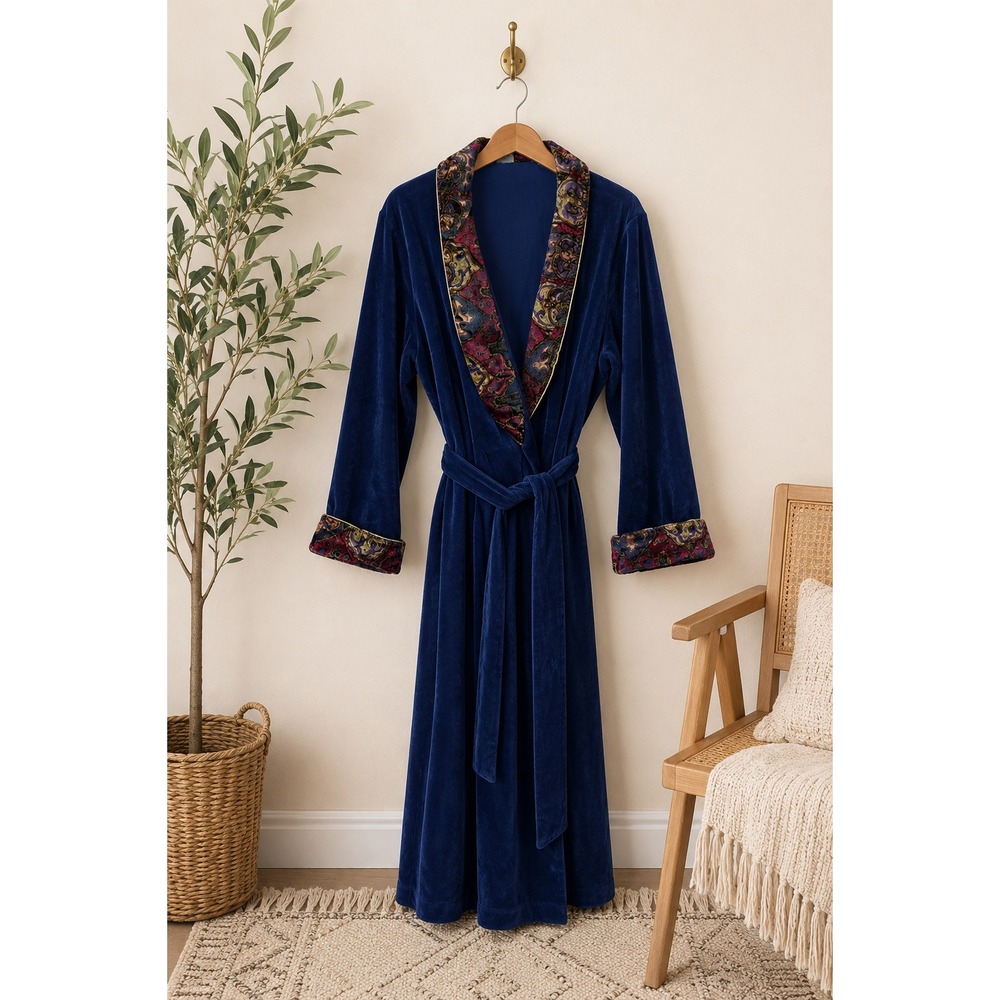 Vintage Womens Royal Blue Velour Robe Sz 14 Housecoat Tapestry Trim Lounge Comfy